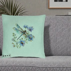 Perna Decorativa Libelula Acuarela Flori Albastre, 40x40 cm, Verde Menta, Husa Detasabila, Perna Inclusa, BEKZ®