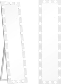 HOMCOM Oglindă de corp întreg 150x40 cm, oglindă LED cu 24 de becuri, 3 nuanțe de lumină, independentă, sprijinită sau pentru montare pe perete, Alb | Aosom Romania