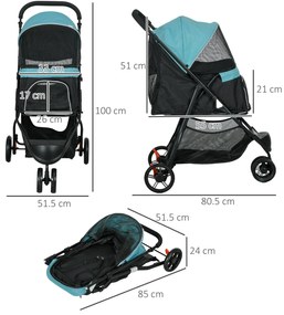 PawHut Cărucior pentru Câini cu 3 Roți, Cărucior Pliant cu Husă de Ploaie, Coș și Curea, 80,5x51,5x100 cm, Verde Închis | Aosom Romania