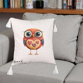 Perna Decorativa Bufnita Rosie cu Inimi Aurii, 40x40 cm, Bej cu Franjuri, Husa Detasabila, Perna Inclusa, BEKZ®