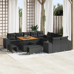 vidaXL Set de Canapea pentru Grădină cu 13 Piese, cu Perne, Negru, din Rattan Pliabil și Acacia.