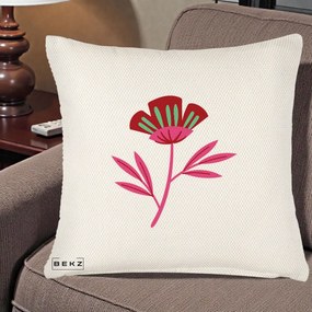 Perna Decorativa Floare Macul Roz-Rosu Grafic, 40x40 cm, Crem Reliefat, Husa Detasabila, Perna Inclusa, BEKZ®