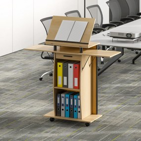 HOMCOM Suport de Podium cu Role, Pupitru cu Aripi Laterale Pliabile, Măsuță pentru Laptop cu Sertar și Rafturi, Stejar | Aosom Romania