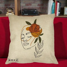 Perna Decorativa Portret Feminin Trandafir Ruginiu, 40x40 cm, Crem, Husa Detasabila, Perna Inclusa, BEKZ®