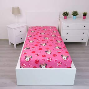 Cearceaf pentru copii roz din bumbac cu elastic 90x200 cm Minnie "Hearts" – Jerry Fabrics