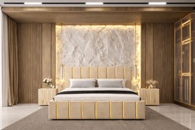 Pat tapitat Hugo 160x200 cm, Bej + Saltea Superortopedica Gold, grosime 20 cm + Set 2 noptiere Hugo, Bej