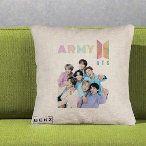 Perna Personalizata K-pop BTS ARMY Fotografie Grup Veseli, 40x40 cm, Bej Canapea, Husa Detasabila, Perna Inclusa, BEKZ®