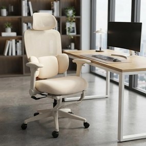 Scaun ergonomic din mesh cu tetieră reglabilă și suport lombar reglabil SYYT 9523 crem
