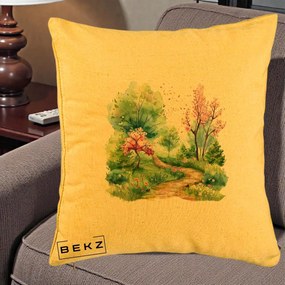Perna Decorativa Gradina Primavara Acuarela, 40x40 cm, Galben, Husa Detasabila, Perna Inclusa, BEKZ®