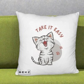 Perna Personalizata Take It Easy Cat, 40x40 cm, Alb Pufos, Husa Detasabila, Perna Inclusa, BEKZ®
