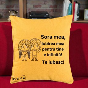 Cadou pentru Sora - Perna Personalizata Sora Mea Te Iubesc Copii Anime Line Art, 40x40 cm, Galben, Husa Detasabila, Perna Inclusa, BEKZ®