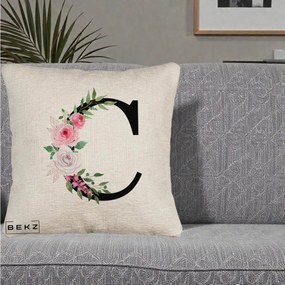 Cadou Personalizat - Perna Personalizata Monograma Florala Litera C, 40x40 cm, Bej Canapea, Husa Detasabila, Perna Inclusa, BEKZ®