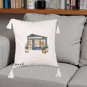 Perna Decorativa Casa de Iarna Watercolor, 40x40 cm, Bej cu Franjuri, Husa Detasabila, Perna Inclusa, BEKZ®