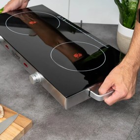 Resigilat: Plită dubla cu infrarosu FIRST FA-5096-7, 2800W, Pana la 300°C, Termostat, Sticla ceramica, Negru/Inox