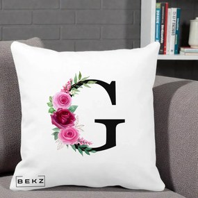 Cadou Personalizat - Perna Personalizata Monograma Florala Litera G, 40x40 cm, Alba Mata, Husa Detasabila, Perna Inclusa, BEKZ®