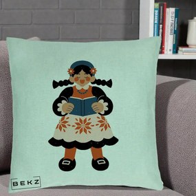Perna Personalizata Fetita cu Carte Ilustratie Folk, 40x40 cm, Verde Menta, Husa Detasabila, Perna Inclusa, BEKZ®