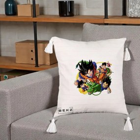 Perna Personalizata Dragon Ball Goku si Shenron Actiune, 40x40 cm, Bej cu Franjuri, Husa Detasabila, Perna Inclusa, BEKZ®