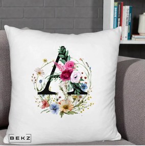 Cadou Personalizat - Perna Personalizata Monogram Litera A cu Flori Acuarela, 40x40 cm, Alb Pufos, Husa Detasabila, Perna Inclusa, BEKZ®