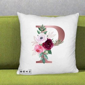 Cadou Personalizat - Perna Personalizata Monograma Rose Gold Litera P, 40x40 cm, Alb Pufos, Husa Detasabila, Perna Inclusa, BEKZ®