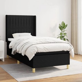 Pat box spring cu saltea, negru, 90x190 cm, textil Negru, 90 x 190 cm, Benzi verticale