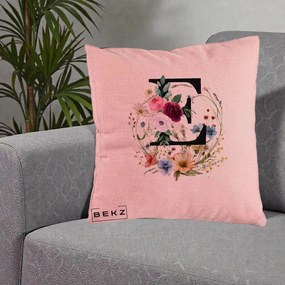 Cadou Personalizat - Perna Personalizata Monogram Litera E cu Flori Acuarela, 40x40 cm, Roz, Husa Detasabila, Perna Inclusa, BEKZ®