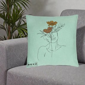 Perna Decorativa Portret Feminin Doua Flori, 40x40 cm, Verde Menta, Husa Detasabila, Perna Inclusa, BEKZ®