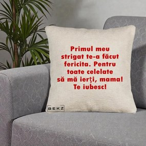 Cadou pentru Mama - Perna Personalizata Primul Strigat Mama, 40x40 cm, Bej Canapea, Husa Detasabila, Perna Inclusa, BEKZ®