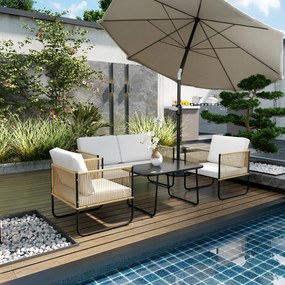 Outsunny Set Mobilier de Grădină din 4 Piese cu Canapea, 2 Fotolii și Măsuță, 110x61x63 cm, Alb Crem | Aosom Romania