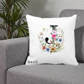 Cadou Personalizat - Perna Personalizata Monogram Litera J cu Flori Acuarela, 40x40 cm, Alba Mata, Husa Detasabila, Perna Inclusa, BEKZ®