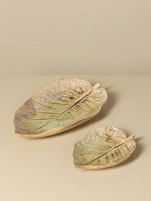 Set 2 farfurii decorative din ceramică artizanală natur și verde, formă de frunză, 2 × 27 × 17 cm, „Nuance"