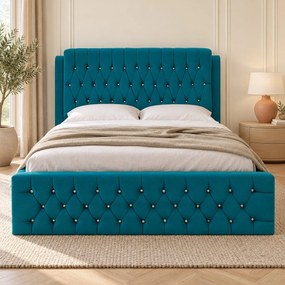 Pat tapițat Chesterfield din catifea Aveline Deluxe 140×200 cm, turcoaz, cu ladă de depozitare