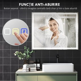 HOMCOM Oglindă Baie Bluetooth LED Antiabur Tactil | Aosom Romania