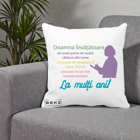 Cadou pentru Invatatoare - Perna Personalizata Doamna Invatatore La Multi Ani cu Silueta si Text Colorat, 40x40 cm, Alba Mata, Husa Detasabila, Perna Inclusa, BEKZ®