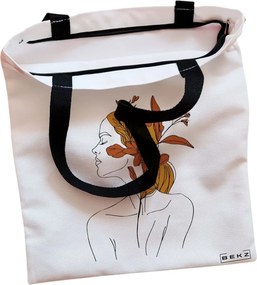Sacosa de Panza pentru Cumparaturi, Geanta Tote, Flower Lady 17, Cu fermoar, 38x34.5 cm, Alba, BEKZ®