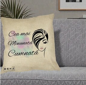 Cadou pentru Cumnata - Perna Personalizata Cea mai Minunata Cumnata cu Silueta Dama si Pete Multicolor, 40x40 cm, Crem, Husa Detasabila, Perna Inclusa, BEKZ®