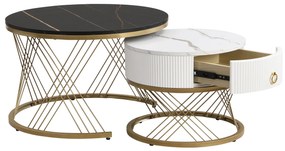 Set de 2 Măsuțe de Cafea Moderne Modulare din Marmură Sintetică cu Detalii Aurii și Sertare, Dimensiuni 70x70x45 cm și 50x50x40 cm, Negru