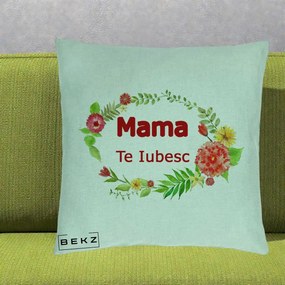 Cadou pentru Mama - Perna Personalizata Mama Te Iubesc Flori Rosii, 40x40 cm, Verde Menta, Husa Detasabila, Perna Inclusa, BEKZ®