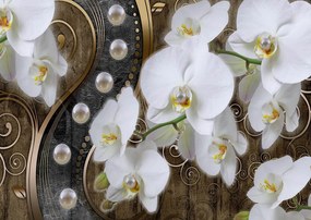 Fototapet 3D, Orhidei albe si perle pe un fundal auriu Art.05036