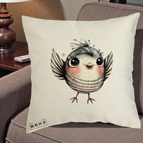 Perna Decorativa Pasare Gri cu Aripi si Inimioare, 40x40 cm, Ecru, Husa Detasabila, Perna Inclusa, BEKZ®