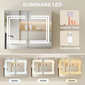 kleankin Oglindă Baie cu Dulap și LED, 80 x 65cm, Ușă Soft Close, Reglabilă pe 3 Culori, Rafturi Ajustabile, Alb Lucios | Aosom Romania