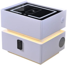 Noptieră inteligentă multifuncțională, sertar tip seif cu parolă, încărcare Wireless, difuzor Bluetooth, iluminare LED touch în 3 culori, Alb