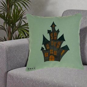 Perna Decorativa Halloween Casa Bantuita Minimalista, 40x40 cm, Verde, Husa Detasabila, Perna Inclusa, BEKZ®