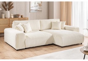 Colțar crem extensibil, cu spațiu de depozitare, cu tapițerie din catifea reiată (cu colț pe partea dreaptă) Sarina – Ropez