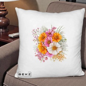 Perna Decorativa Buchet Cosmos Portocaliu Roz si Alb, 40x40 cm, Alb Pufos, Husa Detasabila, Perna Inclusa, BEKZ®