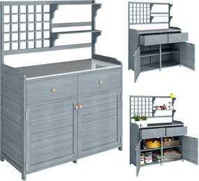 Outsunny Masă de plantat cu dulap inferior pentru exterior, dulap de grădină din lemn cu blat galvanizat, 2 sertare 104x44x140 cm Gri deschis | Aosom Romania