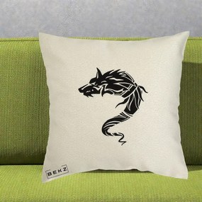 Perna Decorativa Lup Tribal Alb-Negru, 40x40 cm, Ecru, Husa Detasabila, Perna Inclusa, BEKZ®