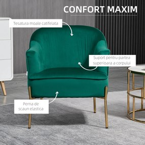 Fotoliu dormitor din material textil cu efect catifea cu picioare din otel auriu, 62x69x75 cm, verde HOMCOM | Aosom Romania