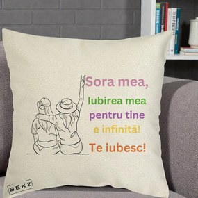 Cadou pentru Sora - Perna Personalizata Sora Mea Te Iubesc Doua Fete cu Palarie si Umbrela, 40x40 cm, Ecru, Husa Detasabila, Perna Inclusa, BEKZ®