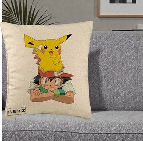Perna Personalizata Ash si Pikachu, 40x40 cm, Bej, Husa Detasabila, Perna Inclusa, BEKZ®