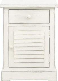 Noptieră vintage din lemn de pin, alb, cu sertar și ușă cu lamele, bază pe soclu, 79 x 50 x 35 cm, „Persienne”